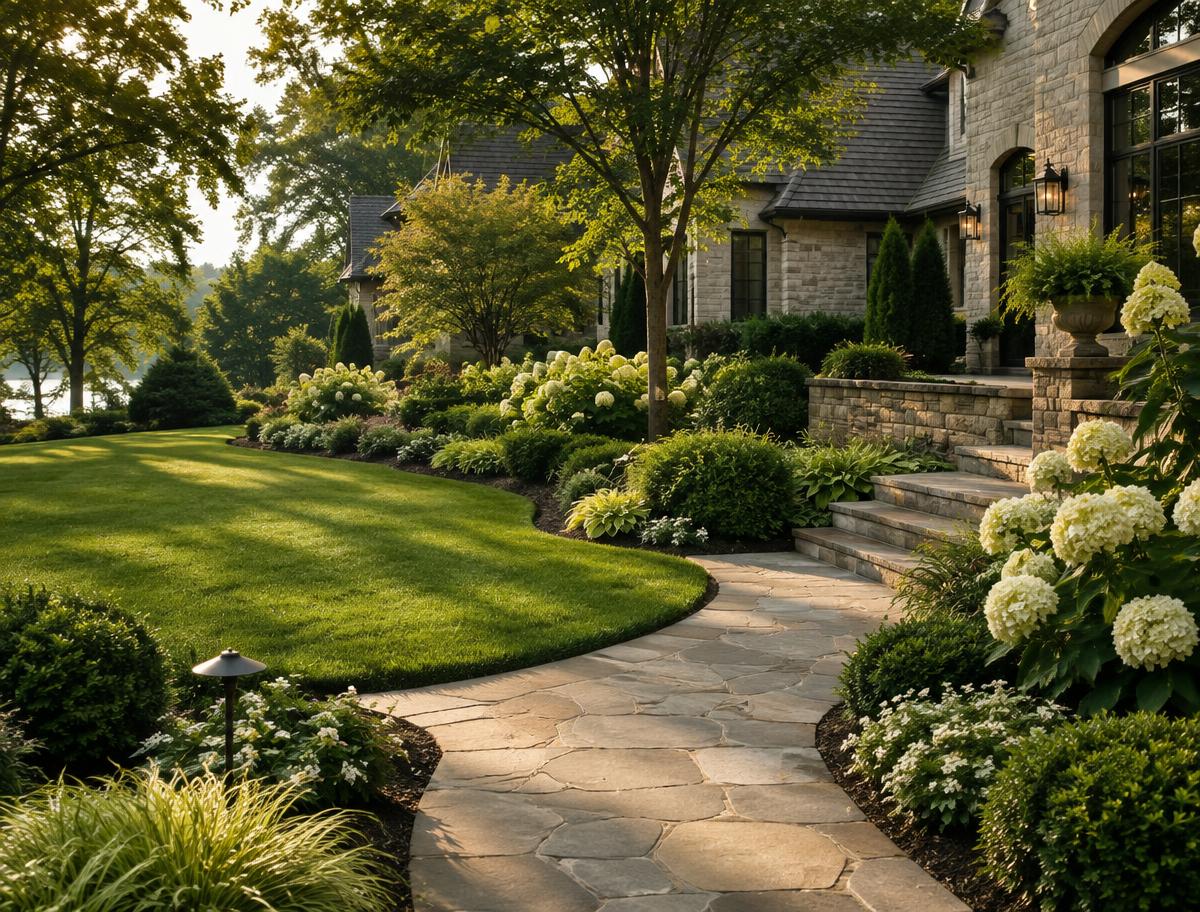 Manicured lawn, stone walkway, and layered garden beds on a professionally landscaped estate